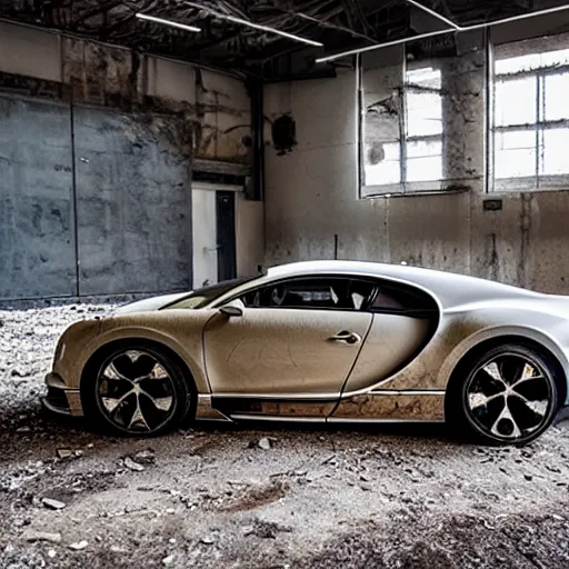 Image similar to an abandoned, derelict, rusty bugatti chiron in a dirty warehouse