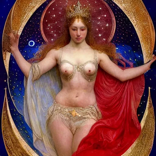 Prompt: the queen of the moon and the stars in full regalia, by Annie Swynnerton and Tino Rodriguez and jean delville, elaborately costumed, rich color, dramatic cinematic lighting, extremely detailed