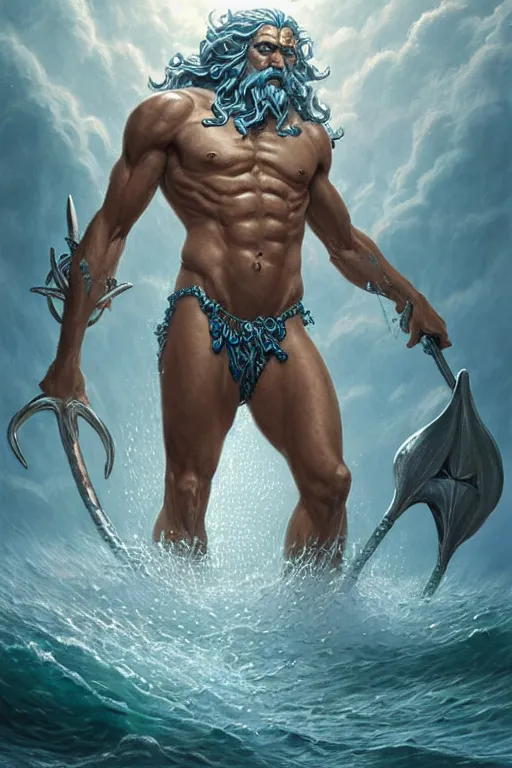 Image similar to poseidon humanoid god of the sea, trident, highly detailed, d & d, fantasy, highly detailed, digital painting, trending on artstation, concept art, sharp focus, illustration, art by artgerm and greg rutkowski and magali villeneuve