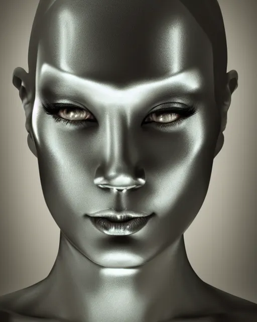 Image similar to realistic photo portrait of a metal woman with human head in the style of hajime sorayama, studio lighting, 1 5 0 mm