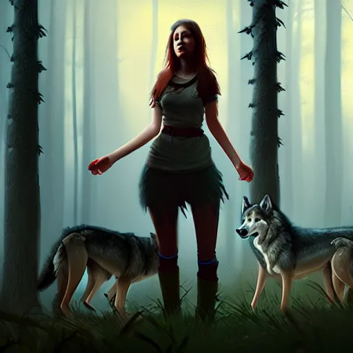 Image similar to a pretty girl surrounded by wolves, in the woods, digital painting, photorealistic, in the style of greg rutkowski, full body, detailed face, sharp, unreal engine 5