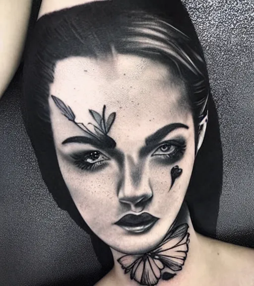 Image similar to amazing blend effect of beautiful mountain scenery with a beautiful woman face, tattoo design sketch, hyper - realistic, in the style of matteo pasqualin, amazing detail, black and white