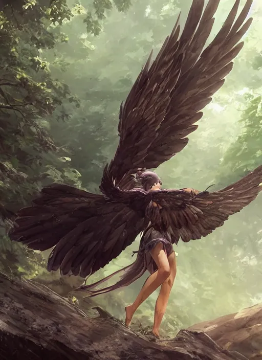 Image similar to a female anthropomorphic eagle warrior. She has two wings on her back. Forest, clearing. Full shot, wings are focus. Atmospheric lighting, By Makoto Shinkai, Stanley Artgerm Lau, WLOP, Rossdraws, James Jean, Andrei Riabovitchev, Marc Simonetti, krenz cushart, Sakimichan, D&D trending on ArtStation, digital art.