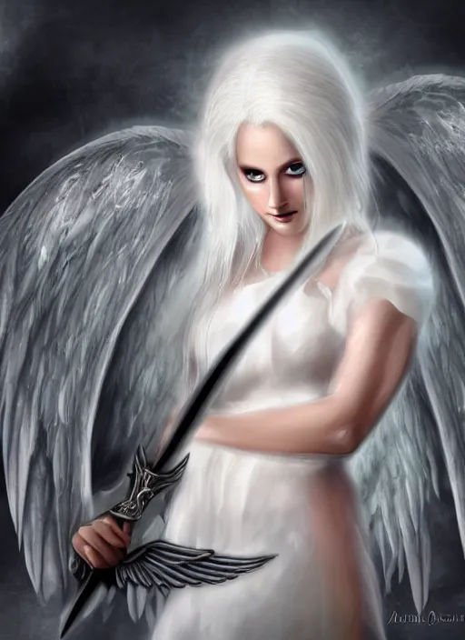 Image similar to a woman with white hair and wings holding a sword, a digital rendering by Anne Stokes, deviantart, fantasy art, deviantart hd, deviantart, angelic photograph
