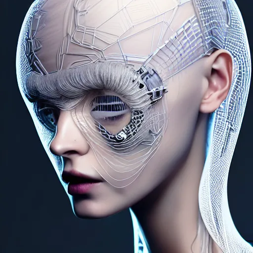 Image similar to closeup portrait of an absurdly beautiful, graceful, sophisticated, fashionable cyberpunk mechanoid gravure idol, an ultrafine hyperdetailed illustration by irakli nadar, matt wisniewski style, fashion photography, intricate linework, porcelain skin, jellyfish headdress, unreal engine 5 highly rendered, global illumination, radiant light, detailed and intricate environment