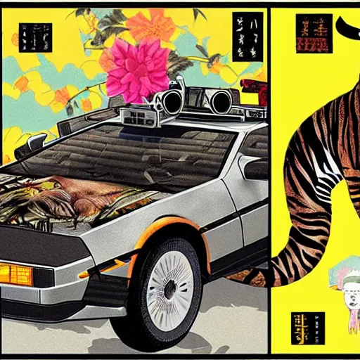 Image similar to a delorean protecting a tiger, japanese magazine collage, art by hsiao - ron cheng and utagawa kunisada