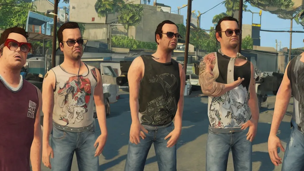 Prompt: julian, ricky and bubbles from the trailer park boys in gta v loading screen, stephen bliss