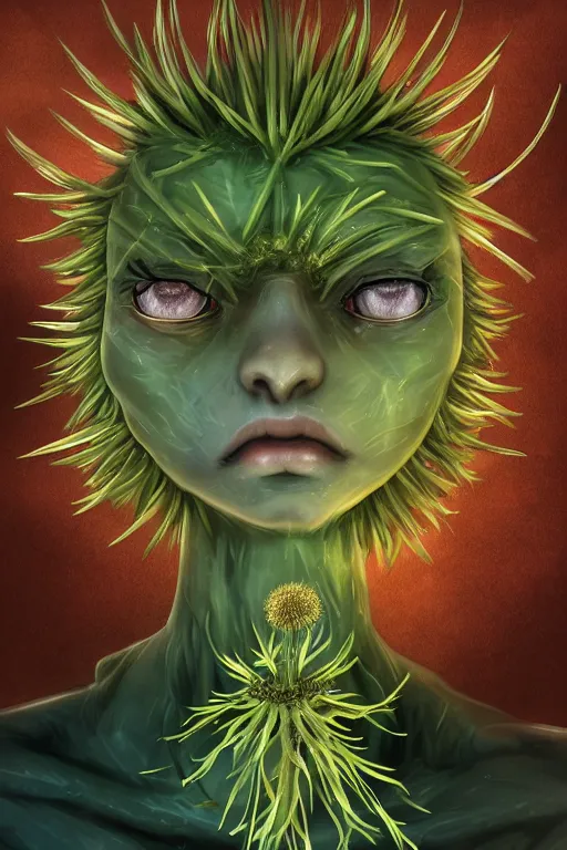 Image similar to a humanoid figure dandelion plant monster, amber eyes, highly detailed, digital art, sharp focus, ambient lighting, trending on art station, anime art style