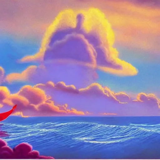 Prompt: dreamy mermaid in the sky with flowing stratocumulonimbus clouds for hair, golden hour clouds at sunset high in the sky wonderland, floating matte painting from Fantasia (1940)