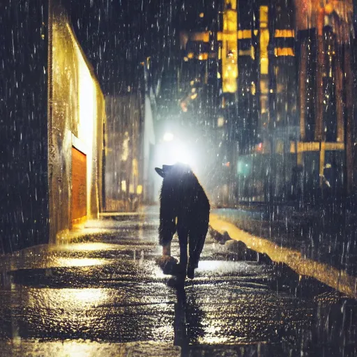 Image similar to an anthropomorphic male wolf running in the streets, night, rain, cinematic, photograph, volumetric lighting, f 8 aperture, cinematic eastman 5 3 8 4 film, photorealistic