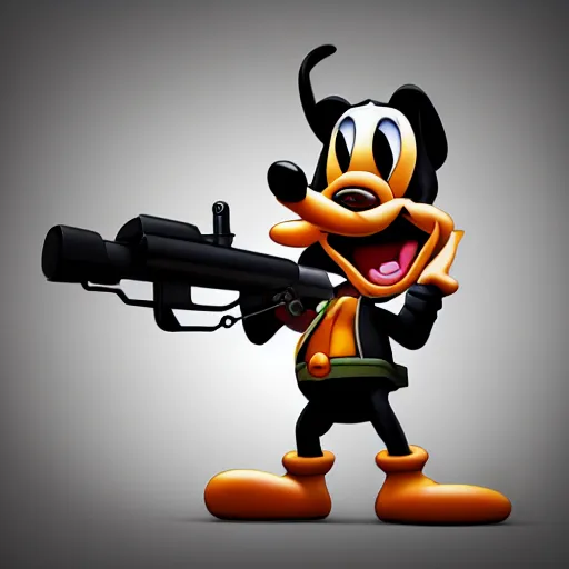 Image similar to Photorealistic Goofy holding a machine gun, Hyperdetailed, 108 megapixels, artstation concept art