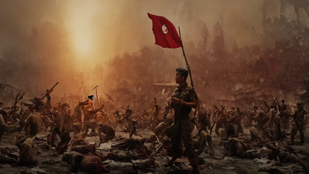 Prompt: A shot from a Films about the Indonesian National Revolution by nuri iyem, james gurney, james jean, greg rutkowski, anato finnstark, infared photography, 8K, film render