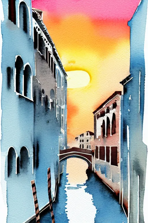 Image similar to minimalist watercolor art of venice at sunset, illustration, vector art