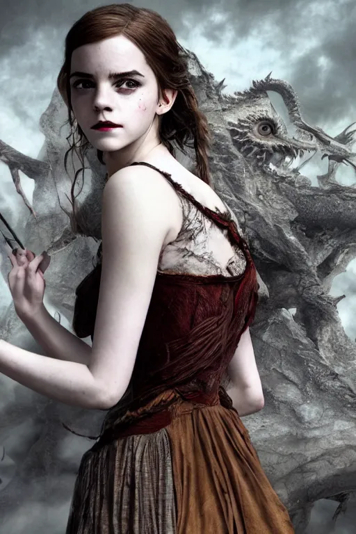 Image similar to a mix of of emma watson, anya taylor - joy and emma stone, evil sorceress witch, game of thrones scenes, hyperrealism, octane render, extremely detailed, intricate smoke magic, lace, style of mark ryden, earl nore, hyung tae, frank frazetta