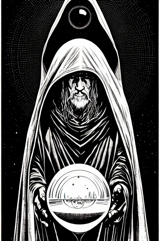 Image similar to wizard in a hooded cloak gazing into a crystal ball, high details, intricately detailed, by vincent di fate, inking, 3 color screen print, masterpiece, trending on artstation,, sharp, details, hyper - detailed, hd, 4 k, 8 k