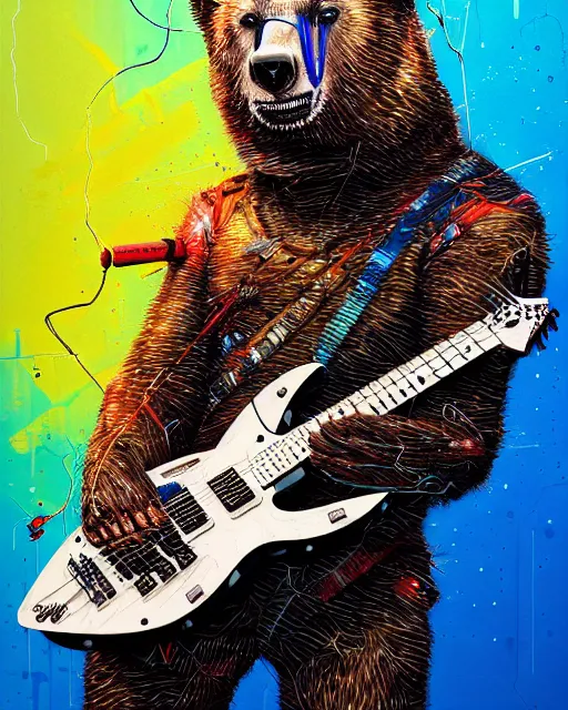 Image similar to a portrait of an anthropomorphic cyberpunk bear shredding an electric guitar by sandra chevrier, by jon foster, detailed render, tape deck, epic composition, cybernetics, 4 k realistic, cryengine, realistic shaded lighting, sharp focus, masterpiece, by enki bilal