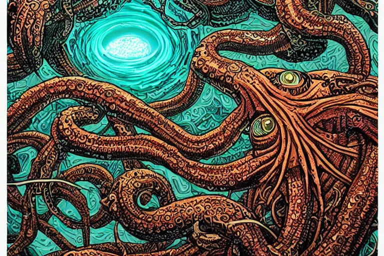 Image similar to a giant lovecraftian skulled tentacle creature gripping a black hole by dan mumford, digital art, photorealistic, vivid colors, highly detailed, intricate