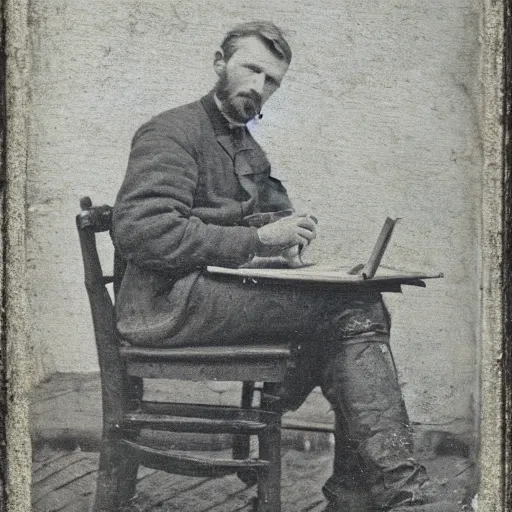 Image similar to 1 9 th century photo of vincent van gogh painting plein air in new york, tin type