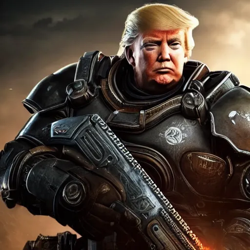 Image similar to Photo portrait of Donald Trump as Crusader!! in Gears of War, splash art, movie still, detailed face, photorealistic facial features, cinematic lighting, dramatic, octane render, long lens, shallow depth of field, bokeh, anamorphic lens flare, 8k, hyper detailed, 35mm film grain