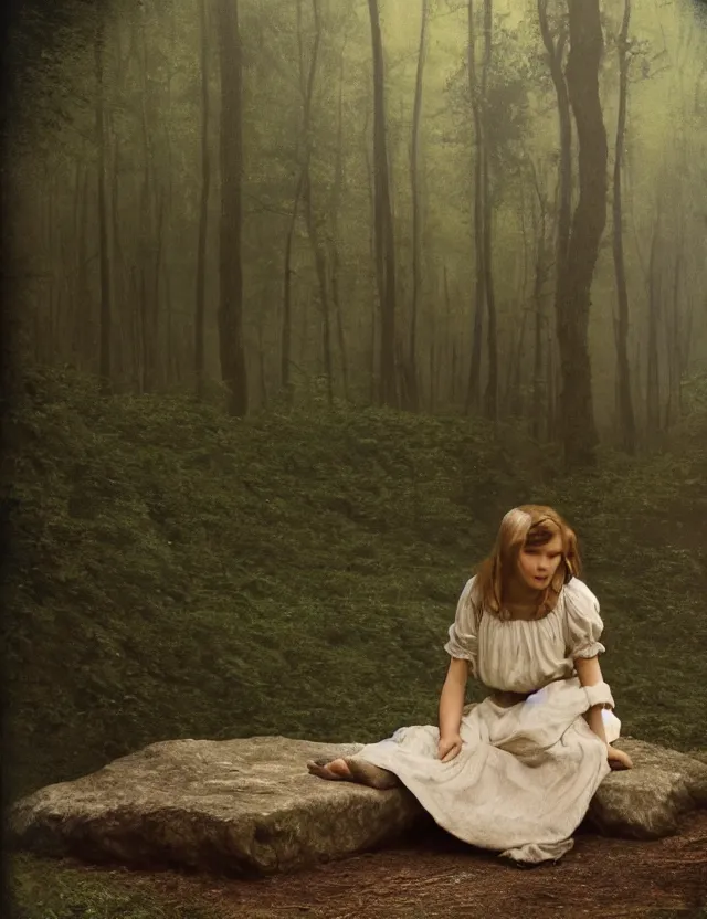 Prompt: peasant girl sadly sitting on a stone in a forest, Cottage core, Cinematic focus, Polaroid photo, vintage, neutral colors, soft lights, foggy, by Steve Hanks, by Andrei Tarkovsky, by Terrence Malick, 8k render, detailed, oil on canvas