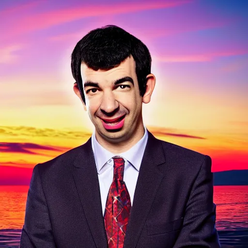 Image similar to Nathan Fielder in the Muppets, high quality, Jim Henson, sunset, 8k