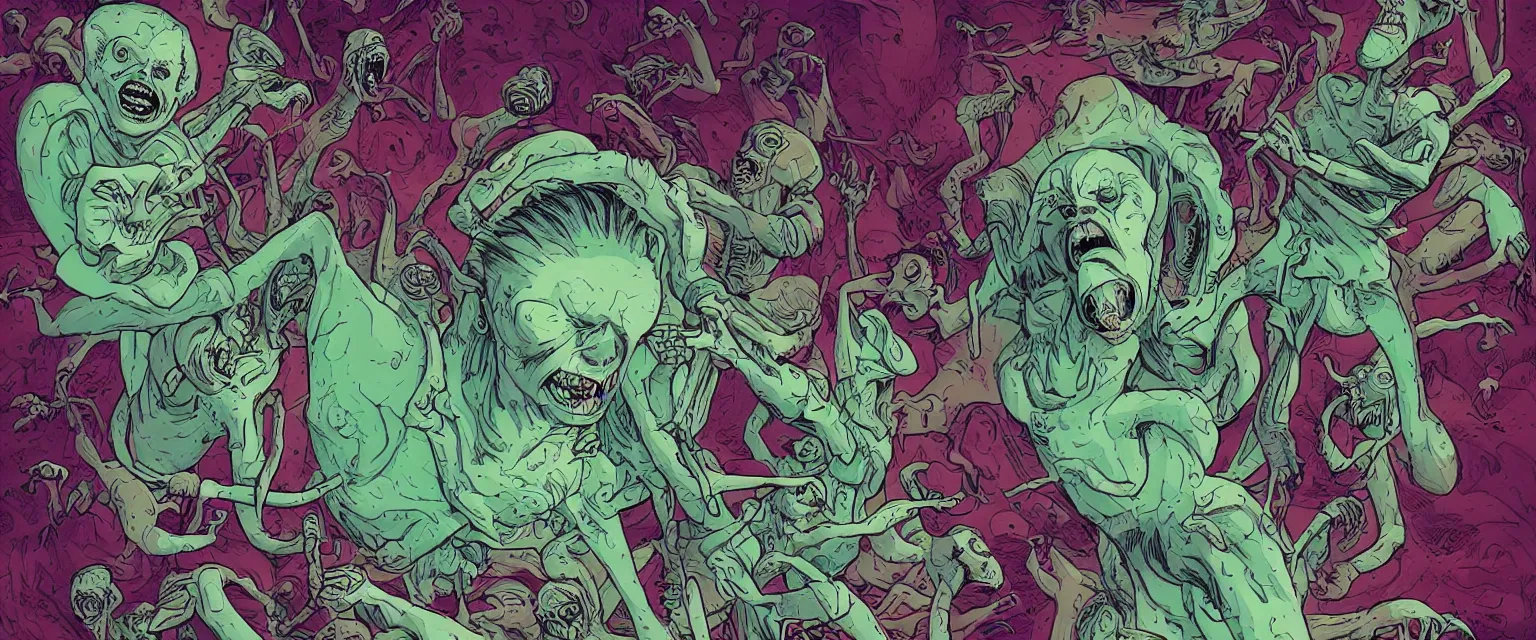 Image similar to woman screaming nightmare alien invasion attacking earth the end of the world, story illustration art green colors by james jean