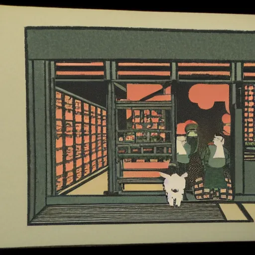 Image similar to Japanese woodblock print of a brewery full of westies