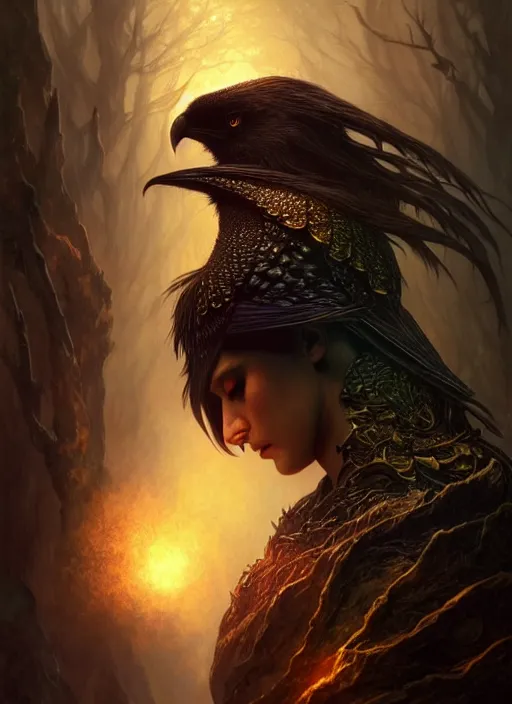 Image similar to side portrait dark crow, fantasy forest landscape, dragon scales, fantasy magic, dark golden light night, intricate, elegant, sharp focus, illustration, highly detailed, digital painting, concept art, matte, art by WLOP and Artgerm and Greg Rutkowski and Alphonse Mucha, masterpiece