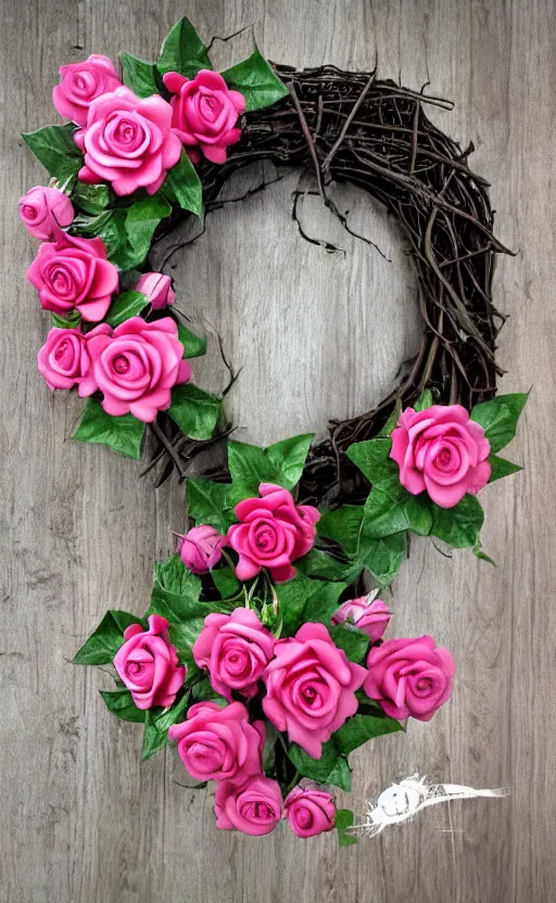 Image similar to gothic dark thorns wreath with pink roses painting realistic