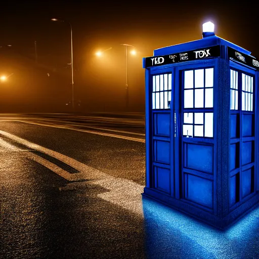 Image similar to a hyperdetailed photograph of the tardis sat on a futuristic street corner, night, dense fog, rain, hd, 8 k resolution