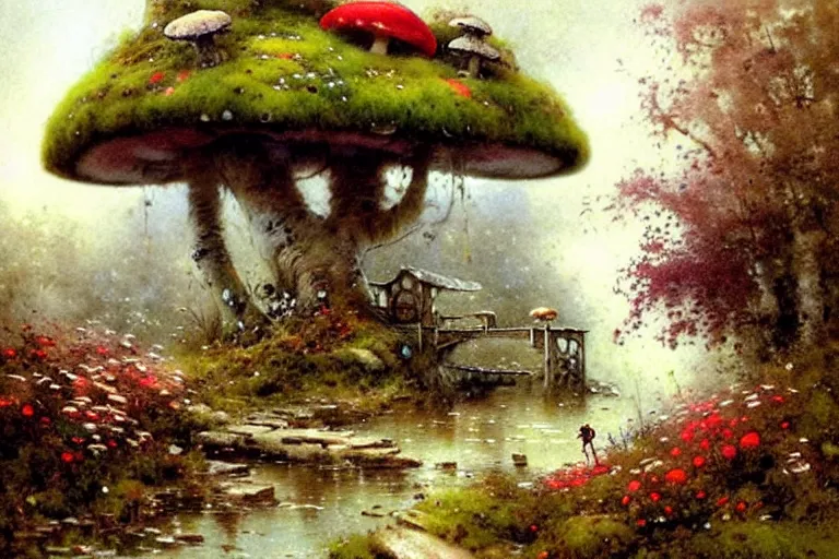 Image similar to adventurer ( ( ( ( ( 1 9 5 0 s retro future forrest of giant mushrooms, moss and flowers stone bridge waterfall and cottage. muted colors. ) ) ) ) ) by jean baptiste monge!!!!!!!!!!!!!!!!!!!!!!!!! chrome red