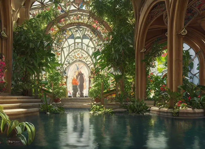 Prompt: ultra realistic, artstation, concept art, by artgerm and greg rutkowski and alphonse mucha and wlop cathedral interior with koi pond in the middle surrounded by palm trees, ivy, flowers, tropical plants, roses, and with archways. rendered in octane render with photorealistic lighting