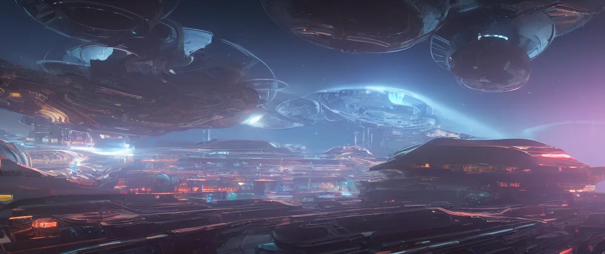 Image similar to a wide shot of a large distant hi-tech sci-fi spaceship from the outside, with a lot of bright color lights, bridges, turrets, pipes, orbiting a gas giant planet, beautiful, volumetric light, photography, color, intricate, extremely detailed, photorealistic, unreal engine 5