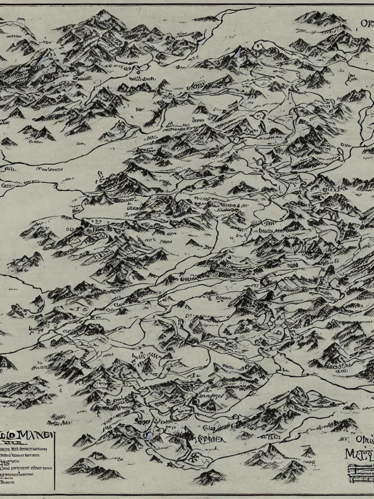 Image similar to old fantasy map of a frozen region with a abandoned mine drawn by j. r. r. tolkien