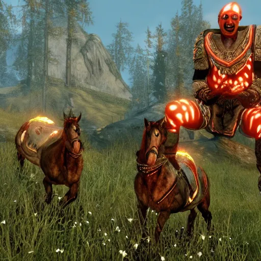 Prompt: screenshot of a player performing the three horse and a clown infinite duplication glitch in skyrim