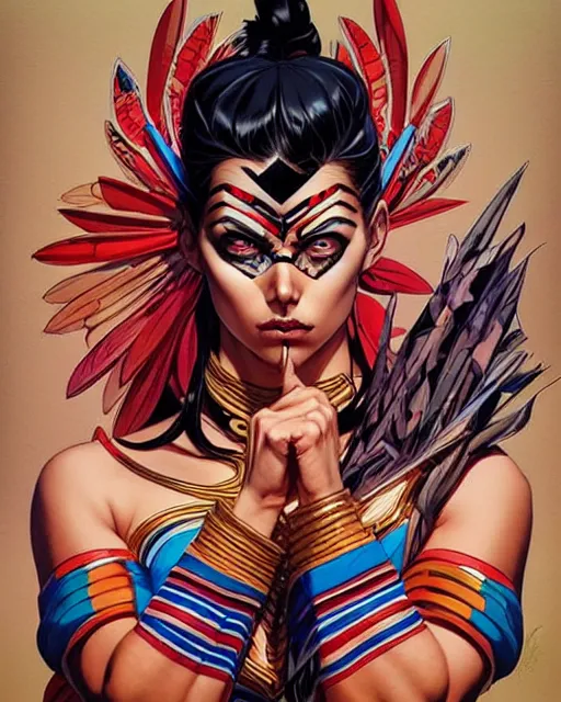 Prompt: artgerm, joshua middleton and sandra chevrier comic cover art, pretty full body danza azteca dancer, symmetrical eyes, scales, beautiful, rim lighting, vivid colors