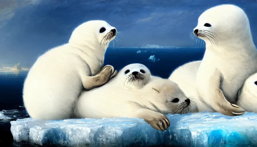 Image similar to highly detailed painting of cute furry white baby seals cuddling into each other on a blue and white iceberg by william turner, by greg rutkowski, by william constable, thick brush strokes and visible paint layers, 4 k resolution