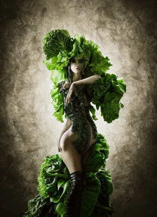 Image similar to expressive full body photo of demoness, dress made of cabbages, glamour shot, by karol bak, stefan gesell, photorealistic, nikon d 4 x, fashion photography, hyper maximalist, elegant, ornate, luxury, elite, environmental portrait, symmetrical features, octane render, unreal engine, solid dark grey background, dramatic lights