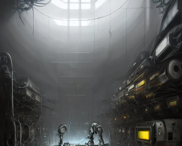 Image similar to gloomy ruined server room in datacenter robot painting concept art of robot knight colossus welder pacing mono eyed, sharp focus, emitting diodes, smoke, artillery, sparks,, computers, racks, motherboard, by pascal blanche rutkowski repin artstation hyperrealism detailed matte painting, 4 k resolution blade runner