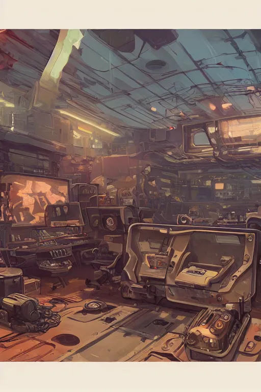 Image similar to hardmesh retro futurist post - apocalyptic steampunk fallout starship control room, hyper realistic, art gta 5 cover, official fanart behance hd artstation by jesper ejsing, by rhads, makoto shinkai and lois van baarle, ilya kuvshinov, ossdraws, feng zhu and loish and laurie greasley, victo ngai