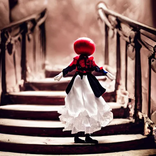 Prompt: photo of porcelain doll with glowing red eyes and rosebud lips, satin vintage clothing, locks of raven hair that goes past her feet, standing spooky mansion stairs with spider webs, photorealistic, cool colors, bokeh, specks of dust, depth of field 20mm,