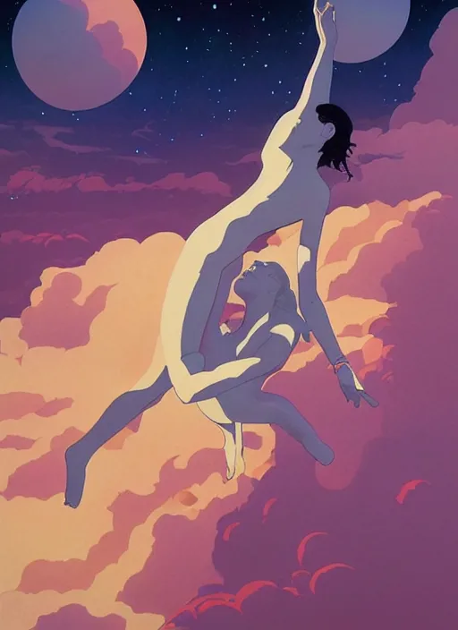 Image similar to poster artwork by michael whelan and tomer hanuka, a portrait of beautiful sensual dancing in the clouds of jupiter, clean