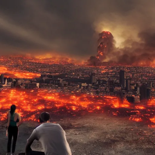 Prompt: realistic photo, destroyed city with skyscrapers on fire with red flames in the background, calm people practicing relaxing exercises at the top of a hill in the foreground, apocalyptic atmosphere, smoke in the sky