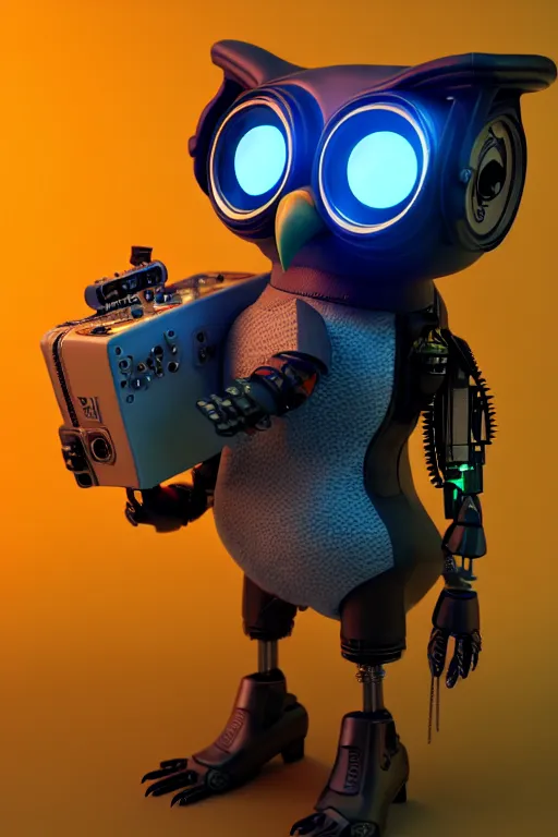 Image similar to high quality 3 d render very cute cyborg owl! with boombox!, cyberpunk highly detailed, unreal engine cinematic smooth, in the style of blade runner & detective pikachu, hannah yata charlie immer, moody light, low angle, uhd 8 k, sharp focus