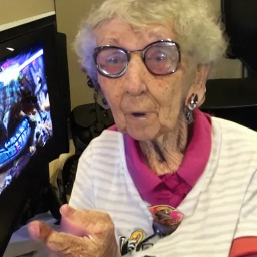 Image similar to grandma winning an extreme gaming tournament