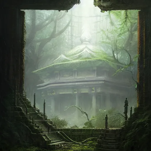 Image similar to detailed sci - fi concept art of a detailed ancient temple in an overgrown forest, depth of field, unreal engine, artstation, award - winning realistic sci - fi concept art by greg rutkowski and yoshitaka amano, in the style of james gurney.