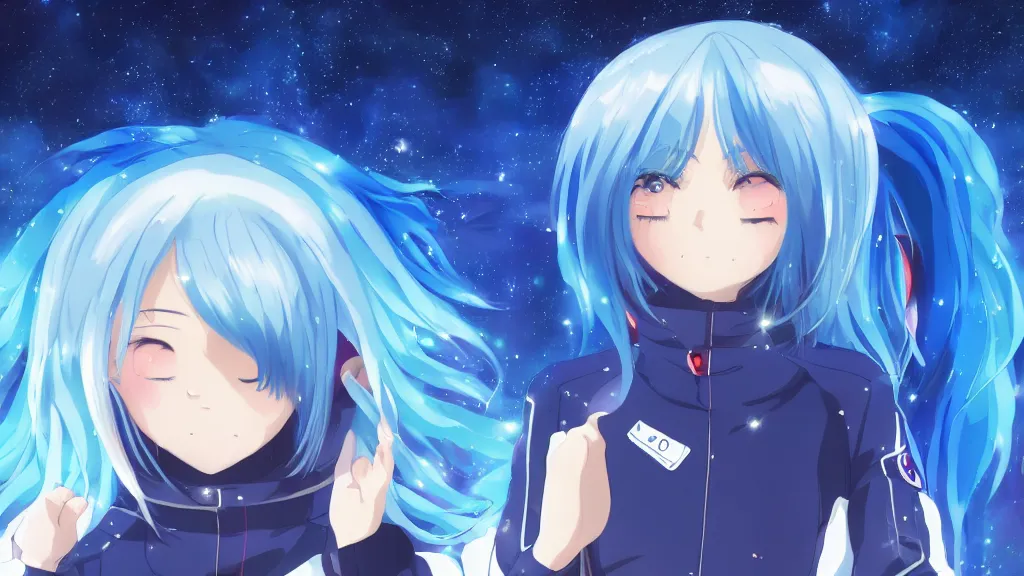 Prompt: a beautiful anime girl with blue hair in a sealed space suit in awe looking at the beauty of the universe. key-visual, digital art, anime style, mihoyo, pixiv, 4k