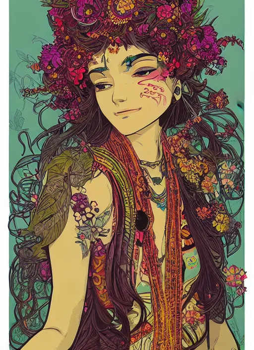 Image similar to beautiful flowerpunk indian cyborg portrait girl female illustration detailed patterns art of hindu traditional dress, flower pop art, floral splash painting, art by geof darrow, ashley wood, alphonse mucha, makoto shinkai