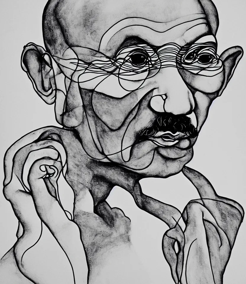 Image similar to elegant line art portrait of mahatma gandhi. inspired by egon schiele. contour lines, graphic musicality, twirls, curls and curves, strong personality, staring at the viewer