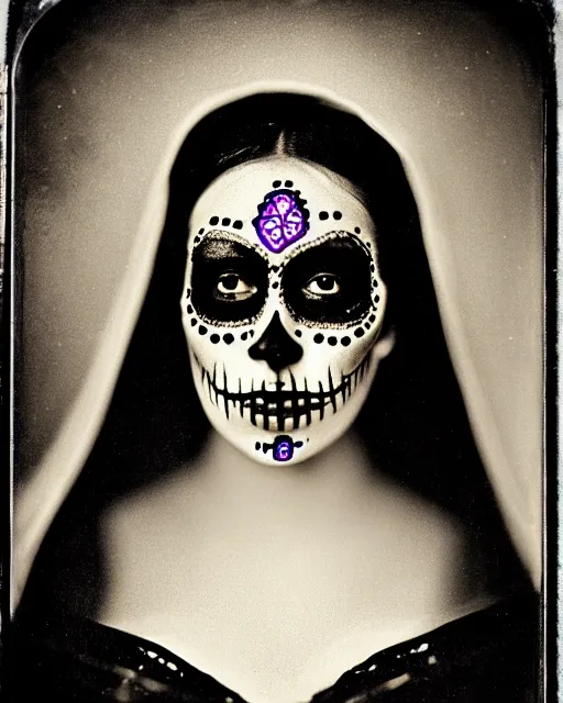 Image similar to tintype full body virgin mary dressed in dia de muertos makeup high quality photo, microchip, artificial intelligence, bio - mechanical bio - luminescence, black wired cables, neurons, nerve cells, cinematic, rim light, photo - realistic, high detail, 8 k, masterpiece, high fashion, in the style of steven meisel dora maar h. g. giger